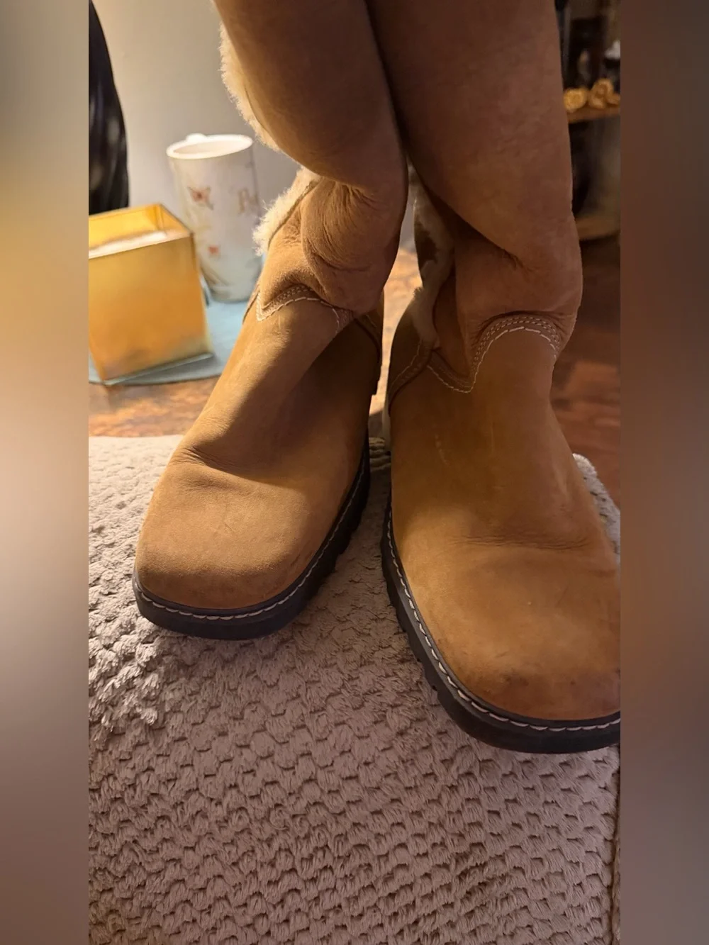 La CANADIENNE Tan Suede Shearling-Trim Mid-Calf Boots